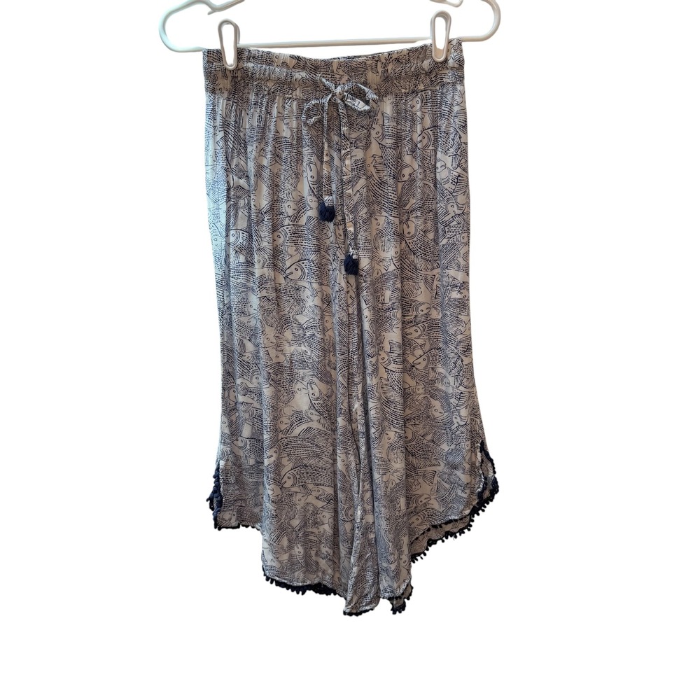 Anthropologie Fish Print Pajama Pants Blue White Pom Pom Trim Tassel Small